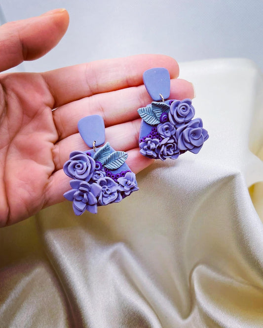 Purple floral clay earrings, gift for her