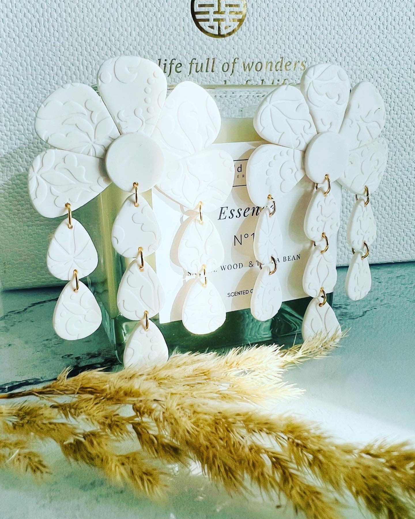 Big statement flower clay earrings, white flower, spring summer earrings, gift for her, chandelier earrings