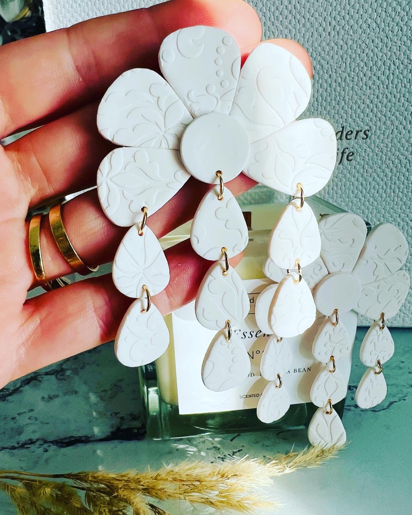 Big statement flower clay earrings, white flower, spring summer earrings, gift for her, chandelier earrings