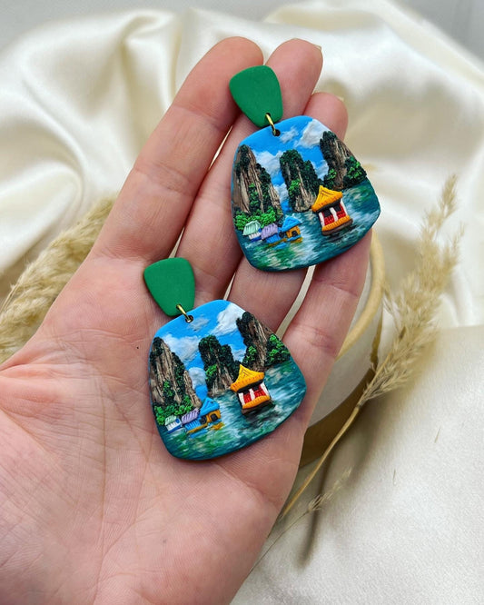 Ha long bay Vietnam landscape clay earrings