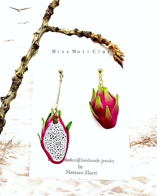 Dragon fruit clay earrings, tropical fruit earrings, gift for her