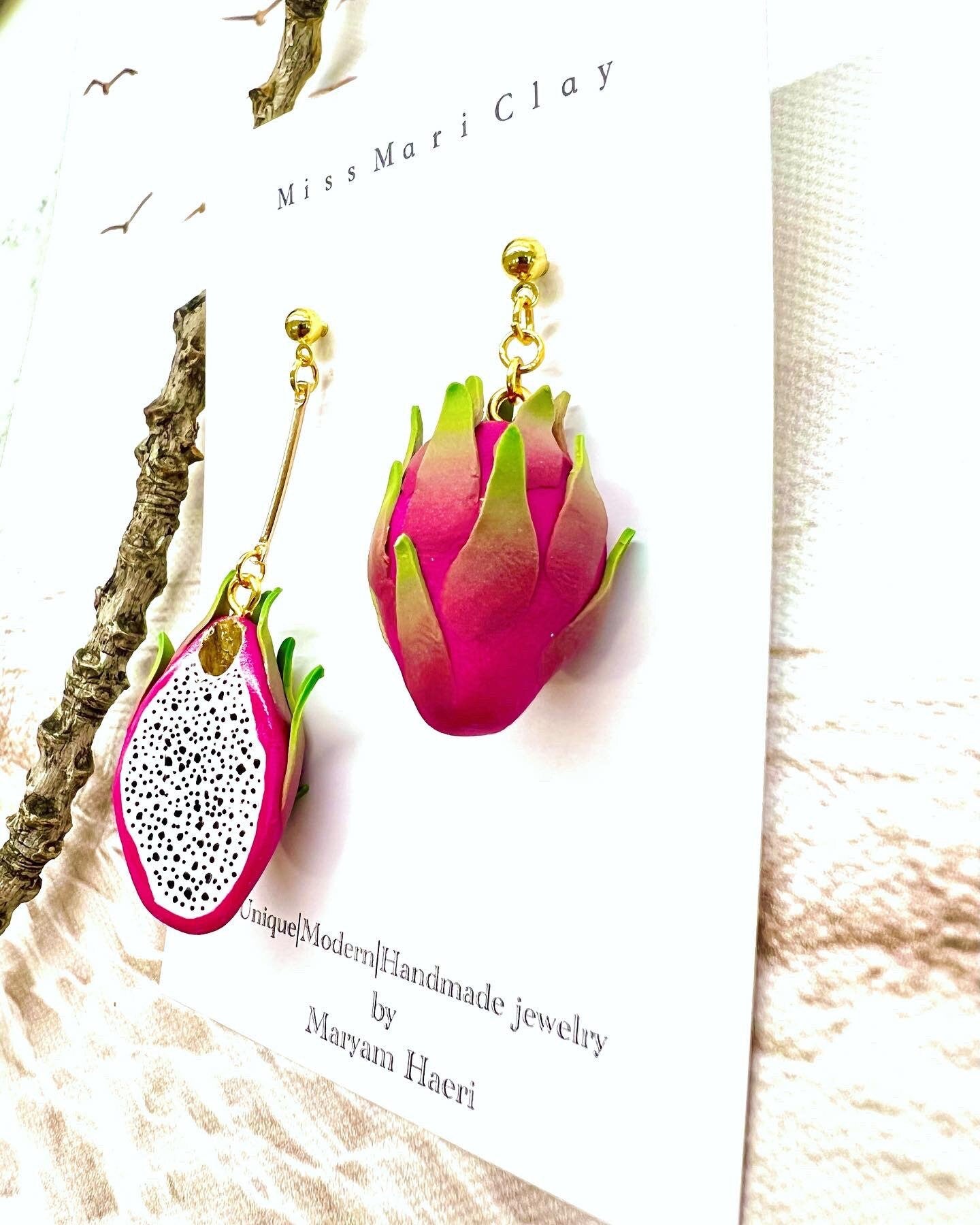 Dragon fruit clay earrings, tropical fruit earrings, gift for her