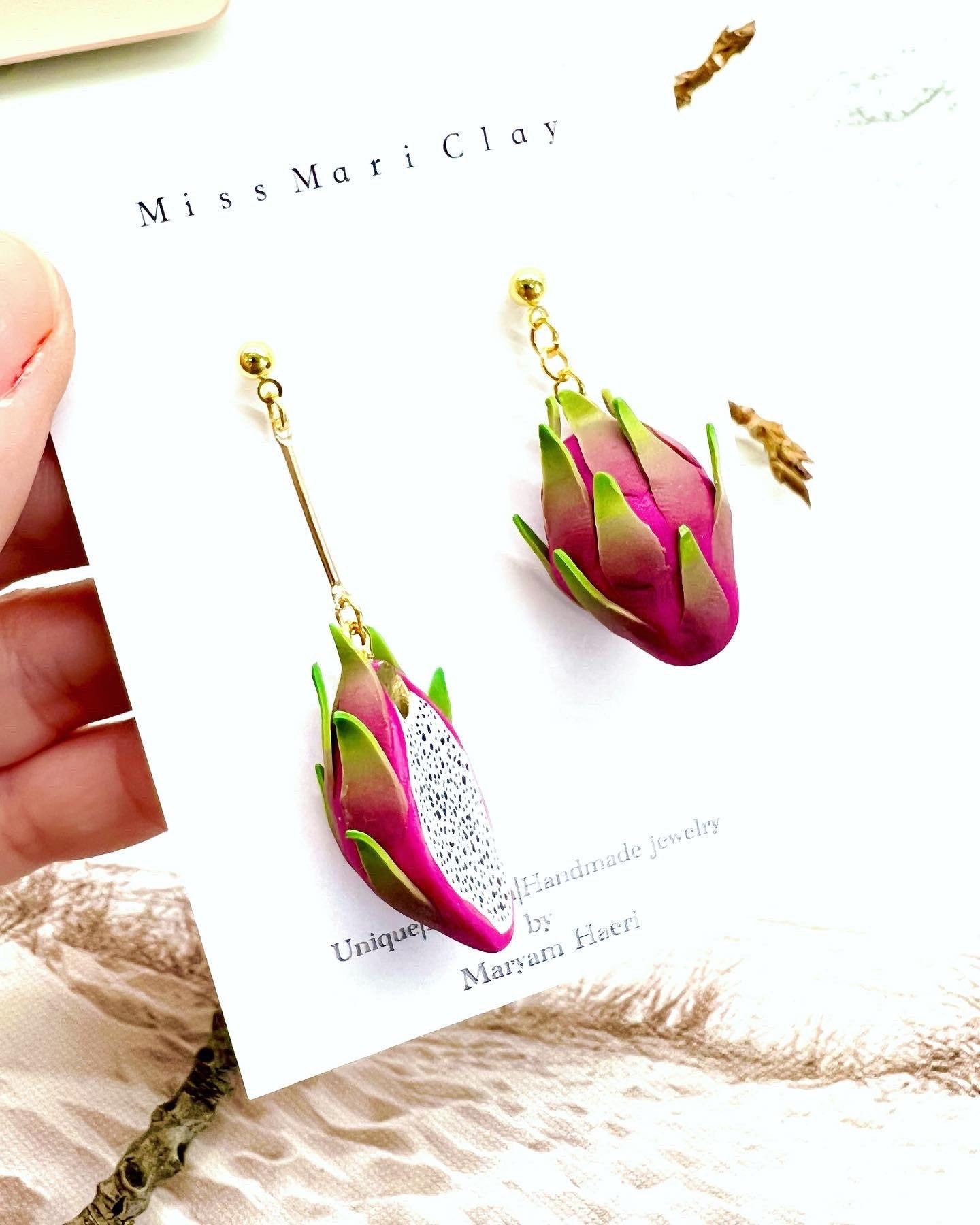 Dragon fruit clay earrings, tropical fruit earrings, gift for her