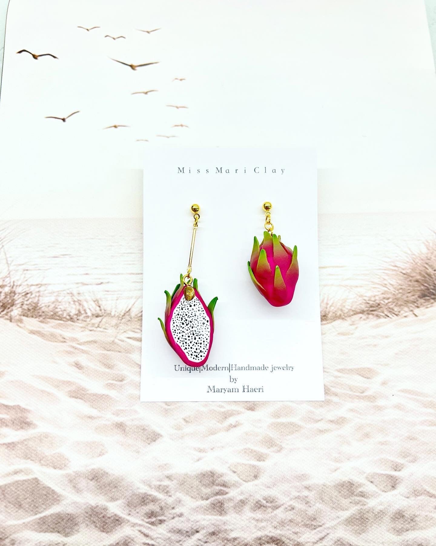 Dragon fruit clay earrings, tropical fruit earrings, gift for her