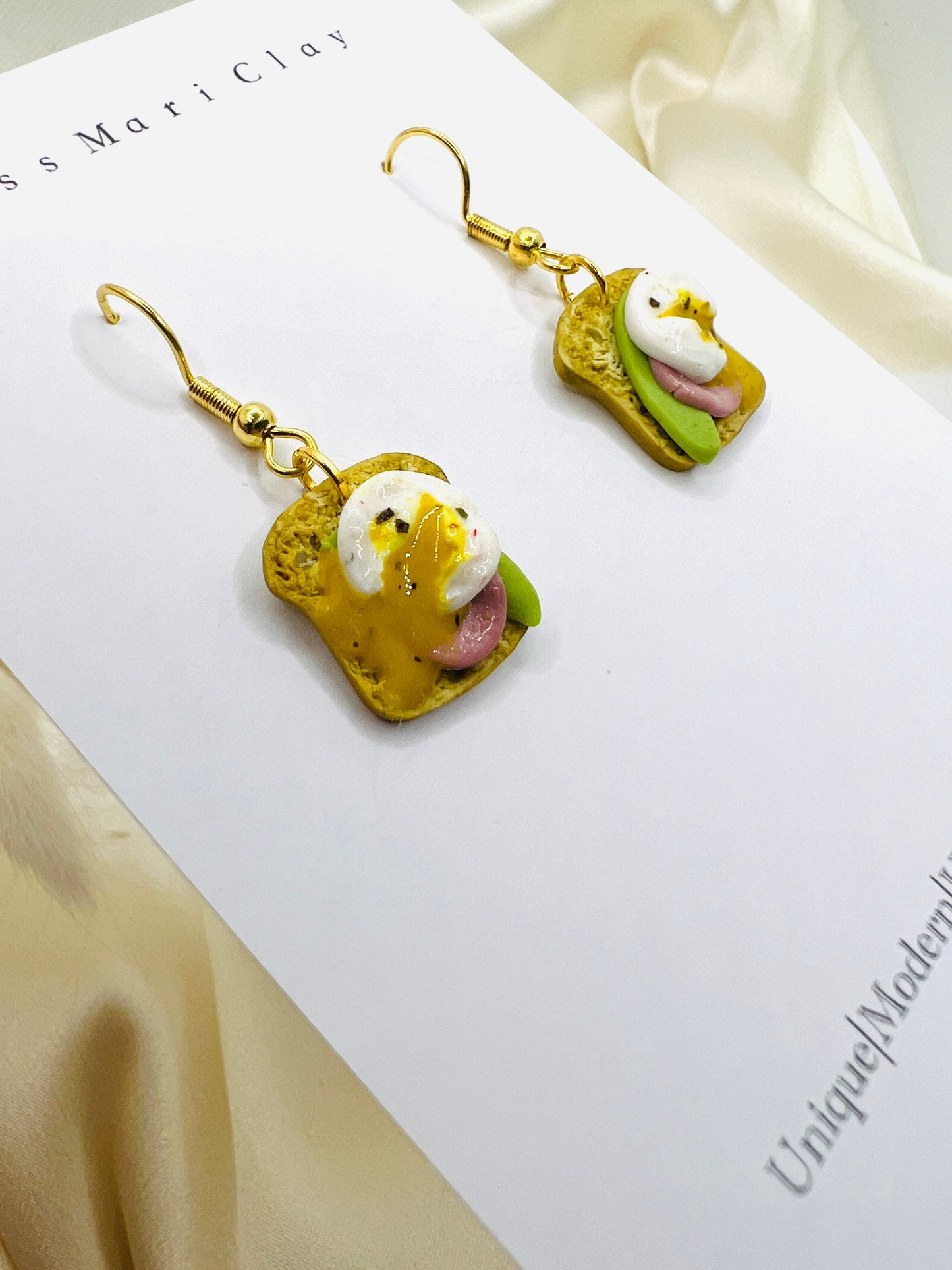 Egg toast bread clay earrings, jam toast bread earrings, miniature food jewelry.