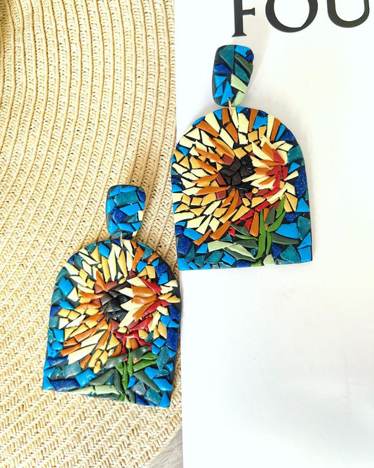 Mosaic art sunflower clay earrings,modern abstract flower clay earrings.