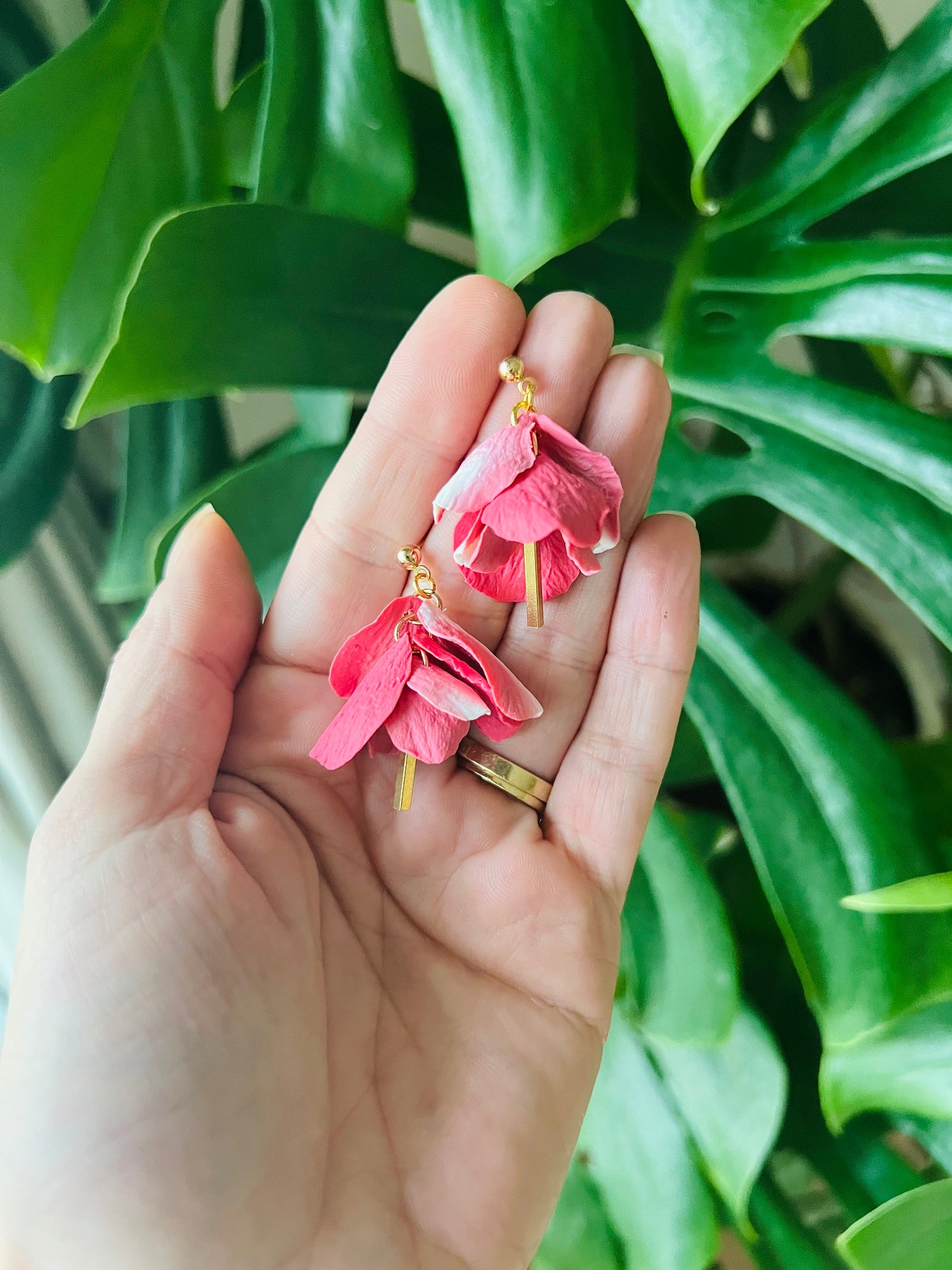 pink flower petal clay earrings, gift for her.