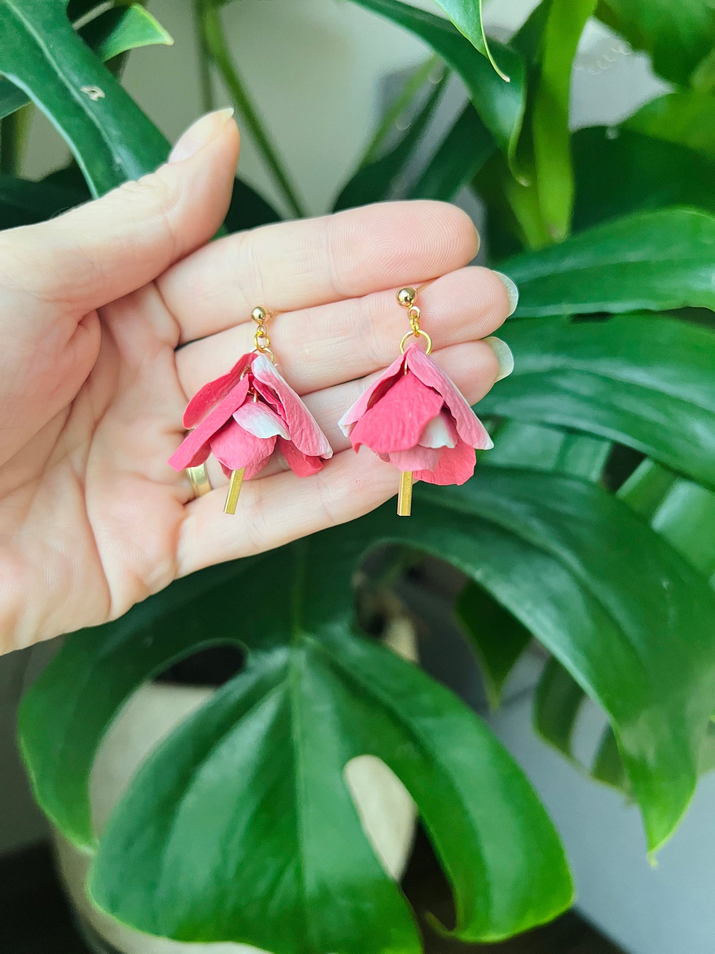 pink flower petal clay earrings, gift for her.