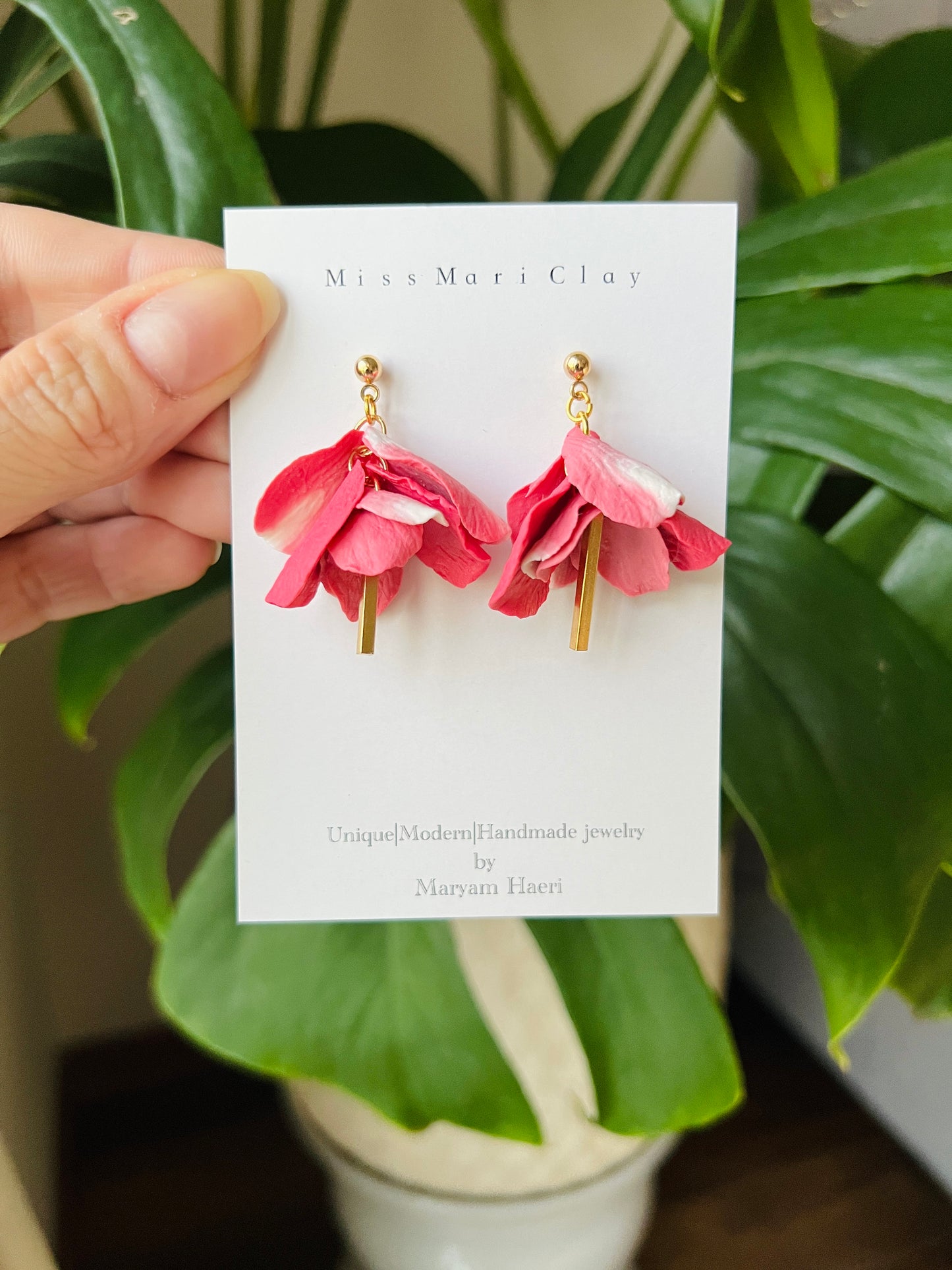 pink flower petal clay earrings, gift for her.