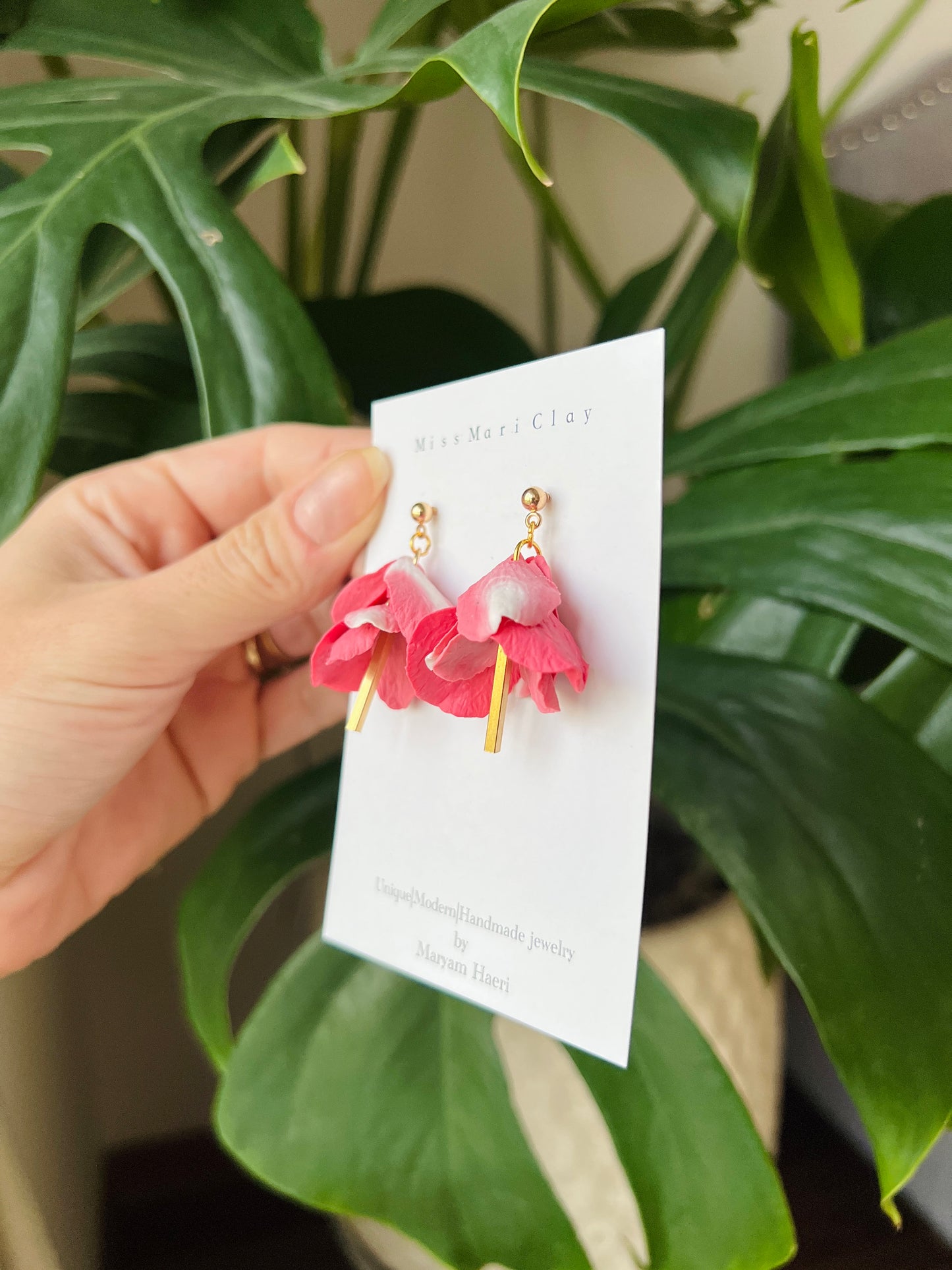 pink flower petal clay earrings, gift for her.