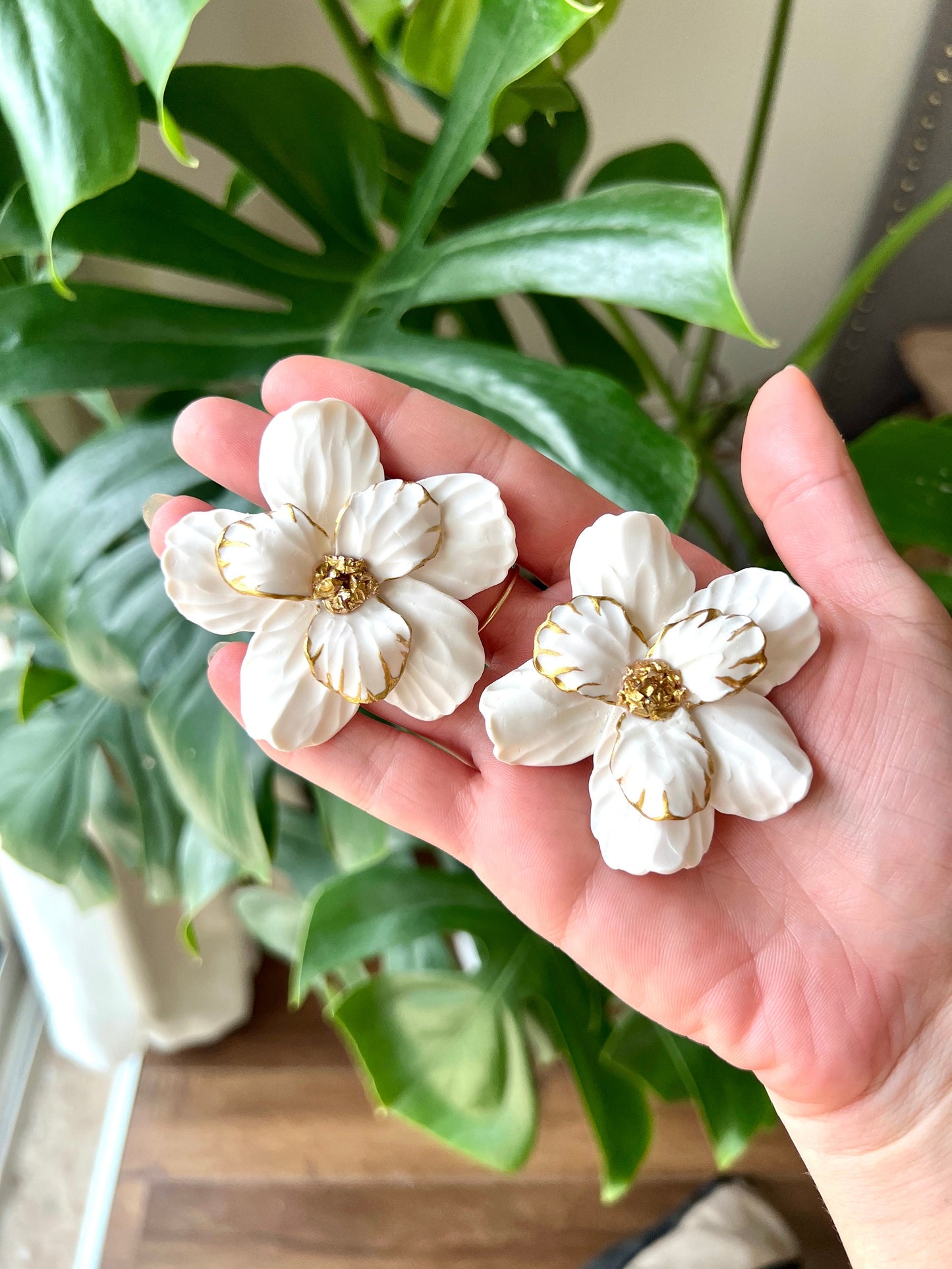 white flower clay earrings, big flower studs. gift for her.