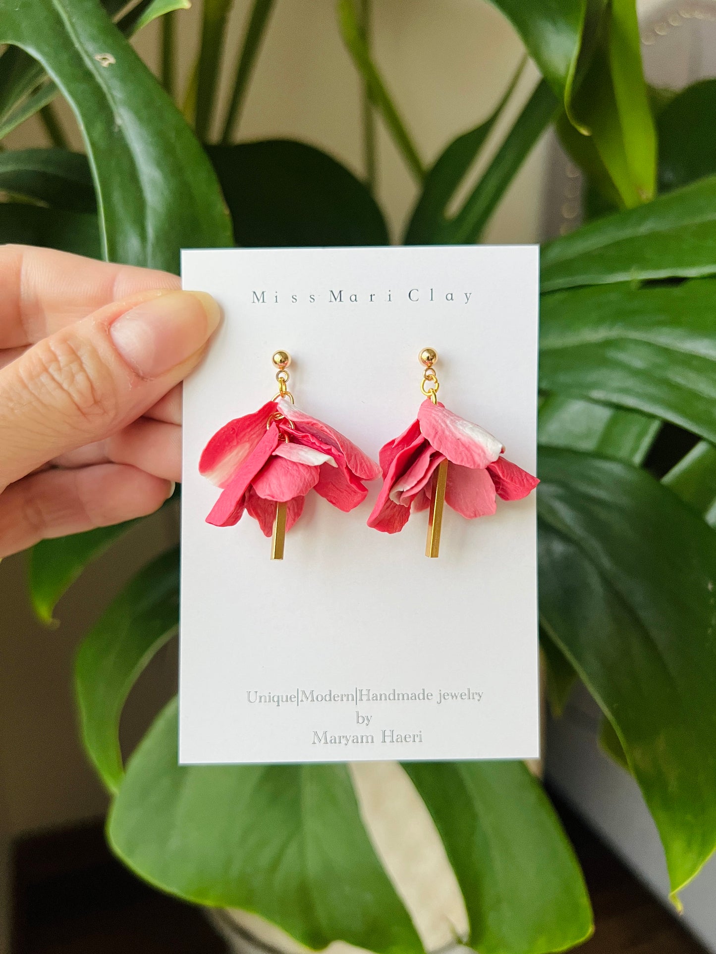 pink flower petal clay earrings, gift for her.