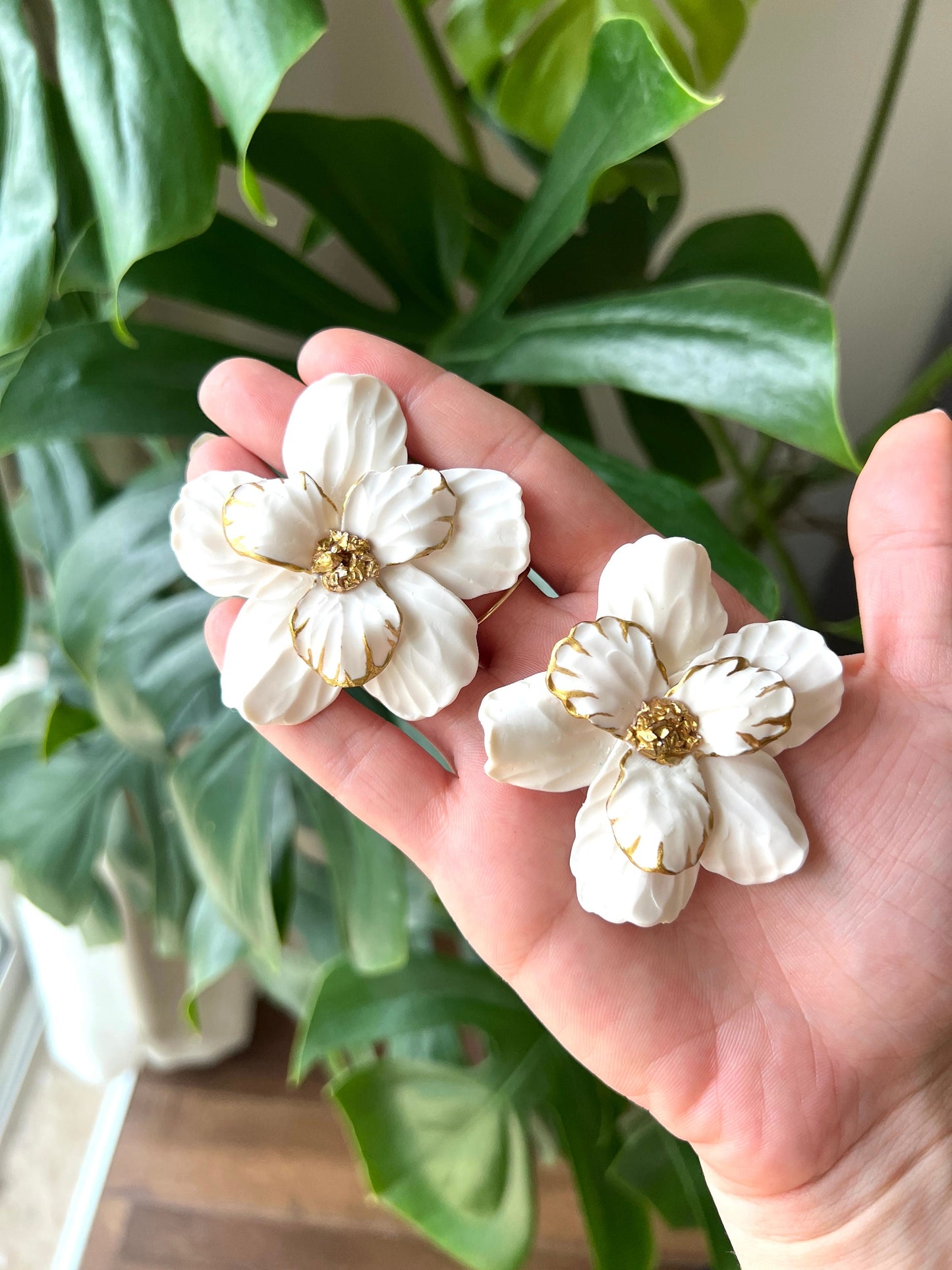 white flower clay earrings, big flower studs. gift for her.