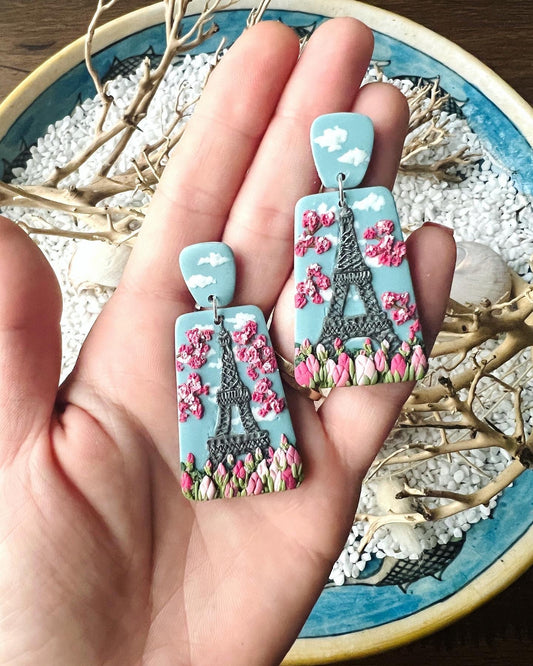 Paris, Eiffel Tower landscape clay earrings.