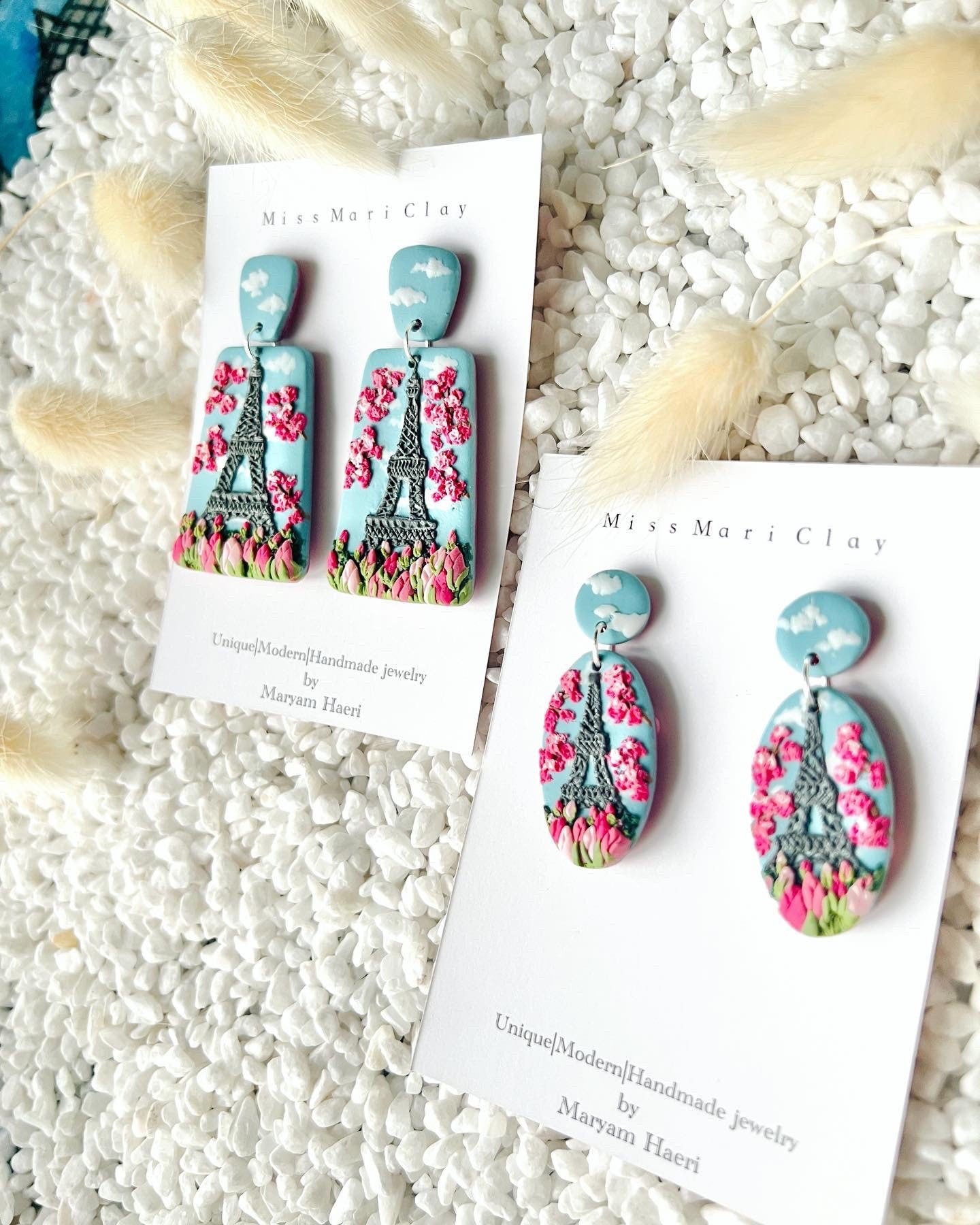 Paris, Eiffel Tower landscape clay earrings.