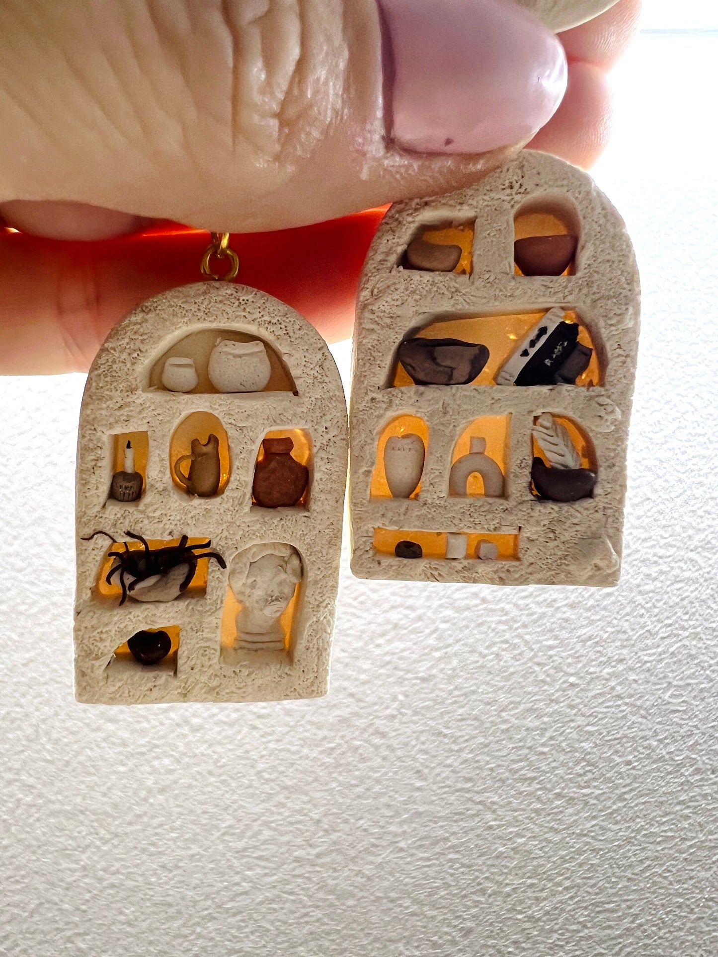 modern shelve decor clay earrings. miniature house earrings.