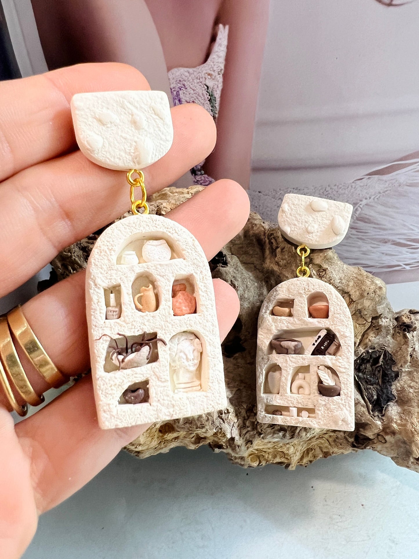 modern shelve decor clay earrings. miniature house earrings.