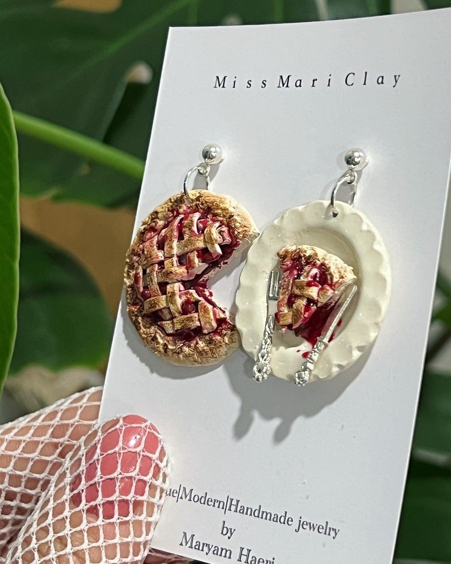 Cherry pie polymer clay earrings. Miniature doll house earrings.