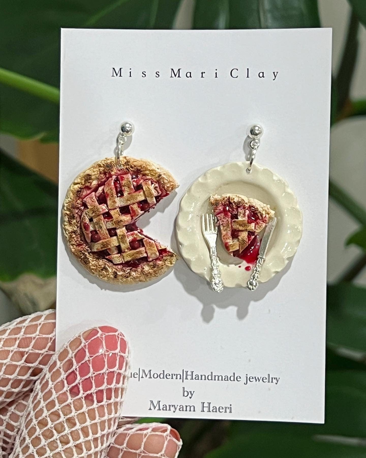 Cherry pie polymer clay earrings. Miniature doll house earrings.