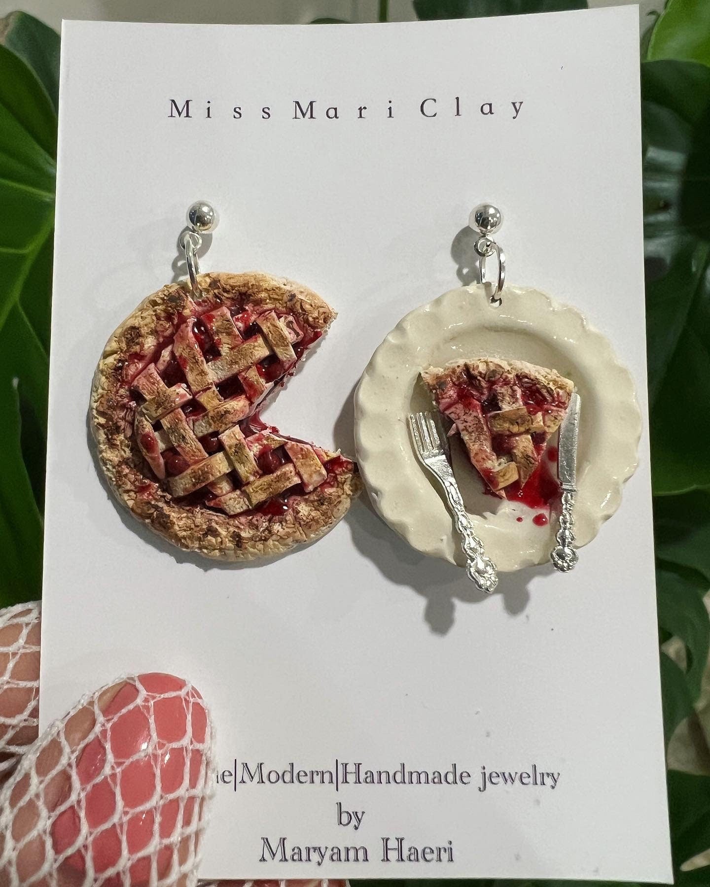 Cherry pie polymer clay earrings. Miniature doll house earrings.