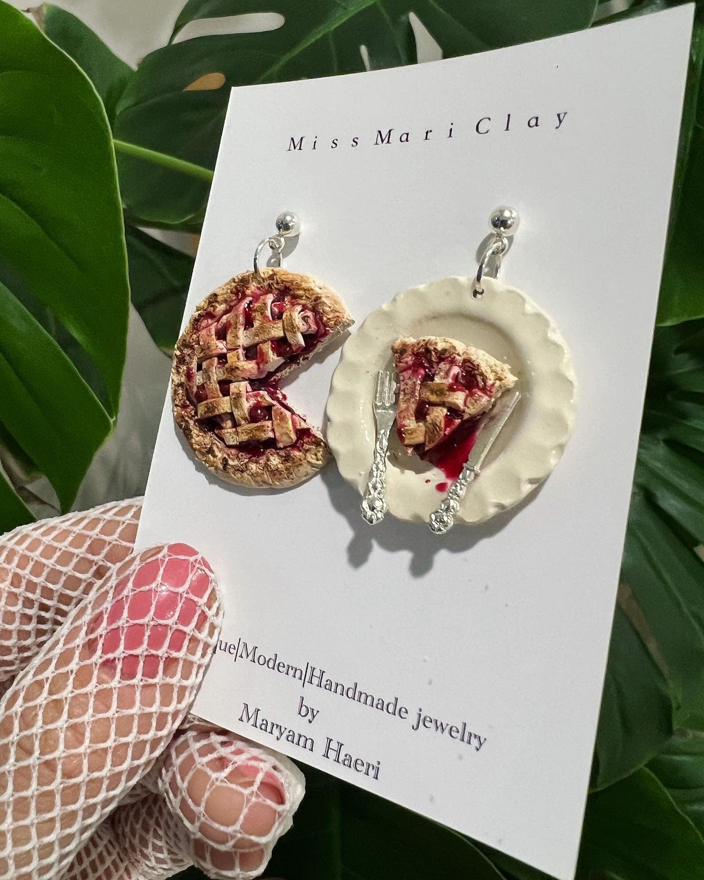 Cherry pie polymer clay earrings. Miniature doll house earrings.