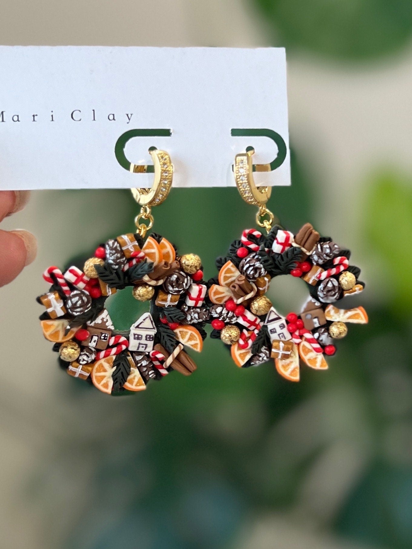 Christmas wreath clay earrings. Christmas gift.