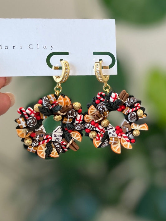 Christmas wreath clay earrings. Christmas gift.