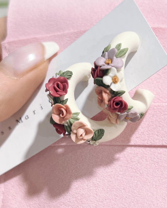 Floral polymer clay hoop earrings. Gift for her