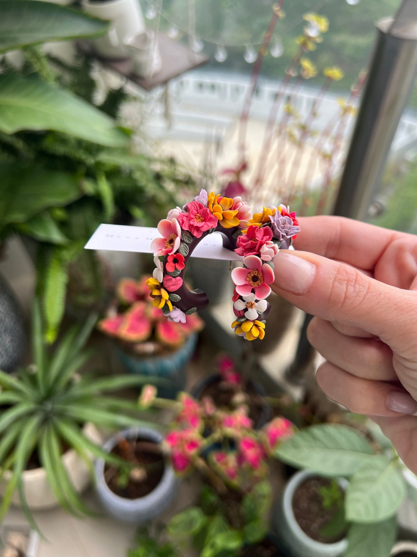 Floral polymer clay hoop earrings. Botanical earrings. Flower hoop earrings. Gift for her