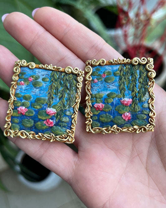 Monet famous painting earrings with polymer clay, art for ears.